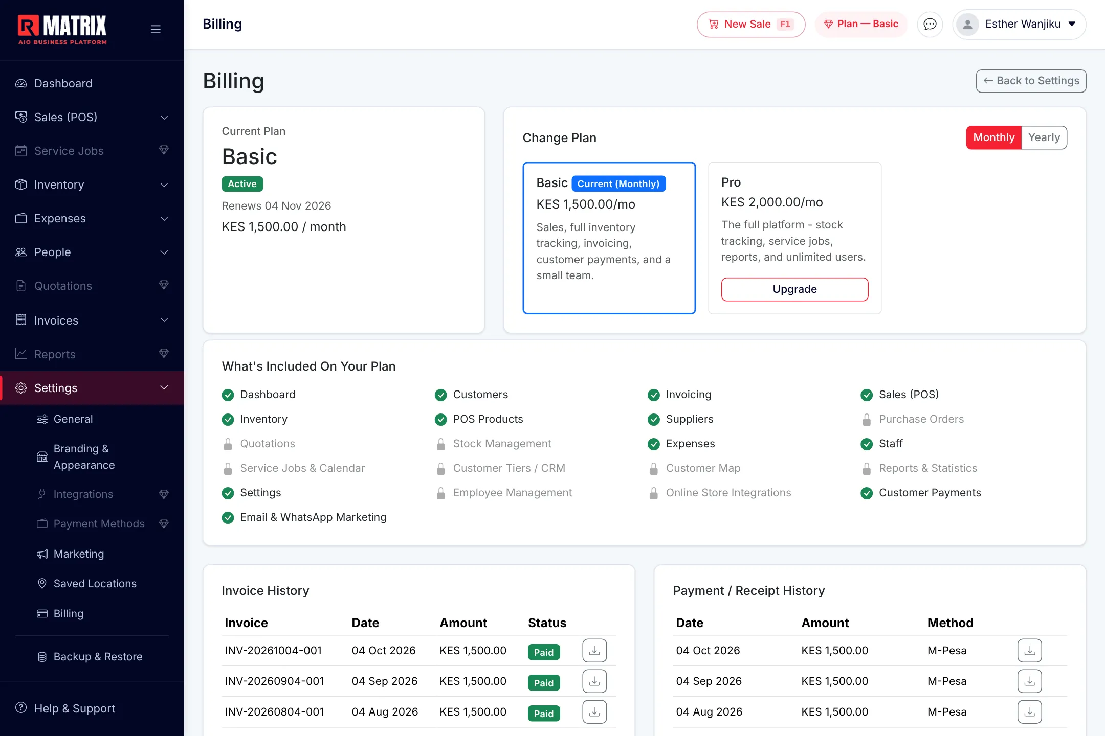 RetailMatrix Billing screen with the current plan, plan comparison, what is included and invoice and payment history