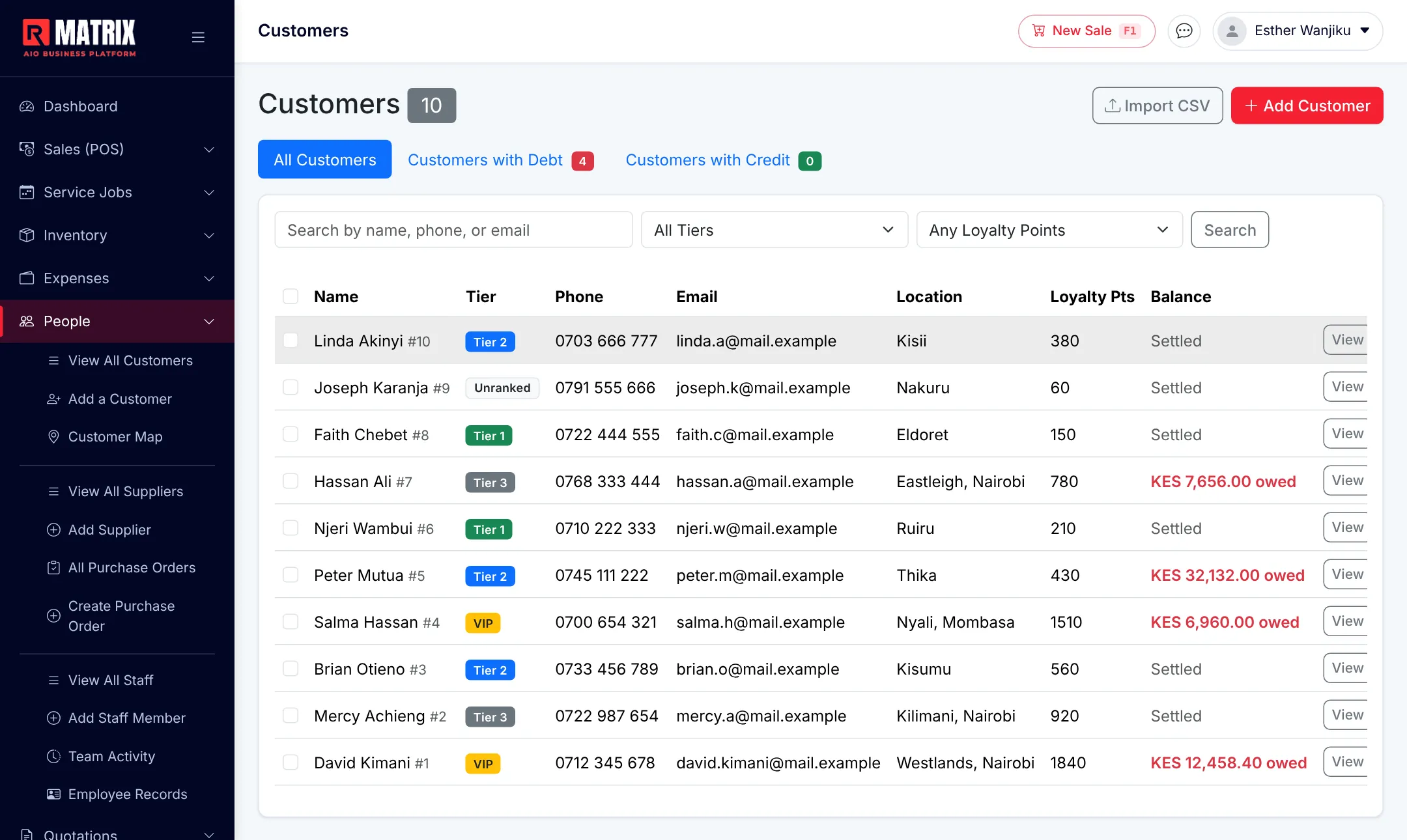 RetailMatrix Customers list with tier badges, loyalty points and running balance for each customer