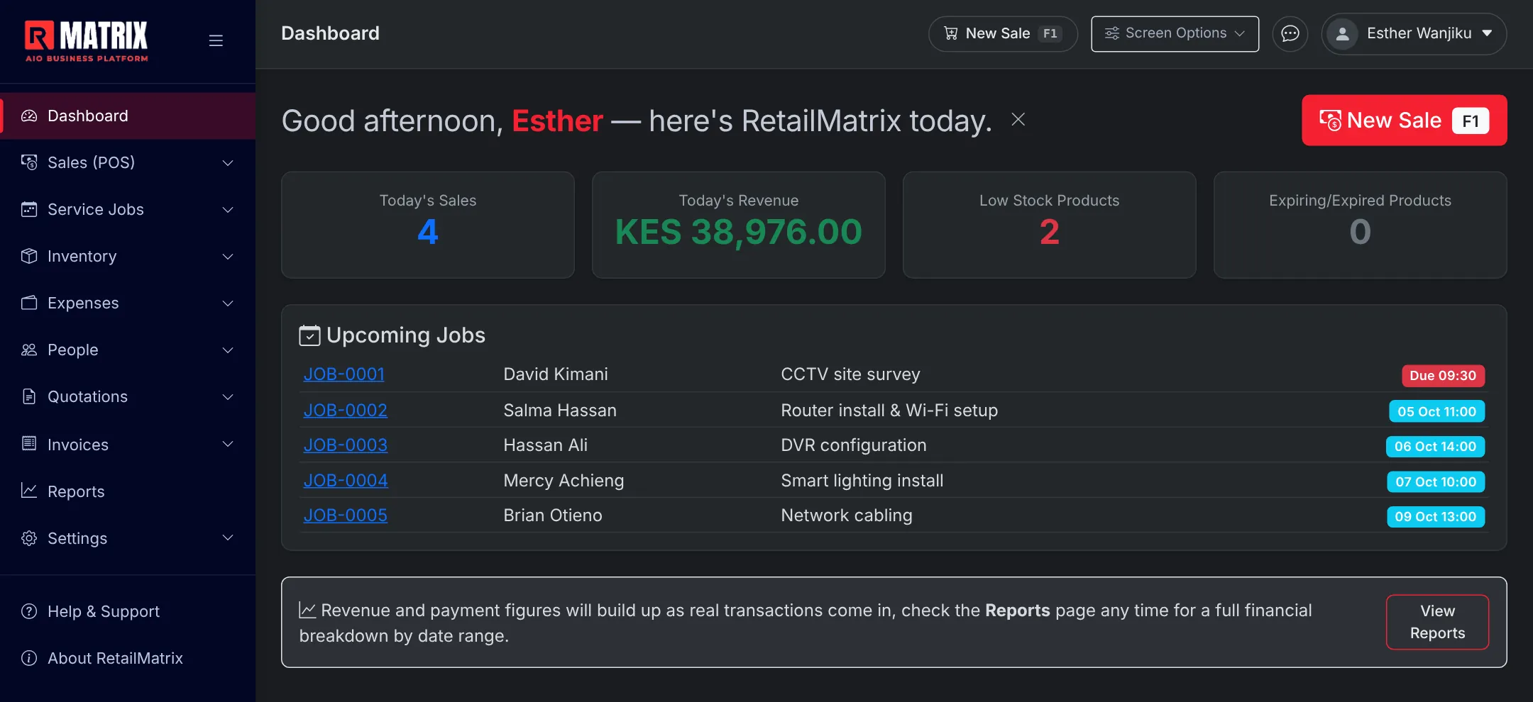 RetailMatrix dashboard in the dark theme