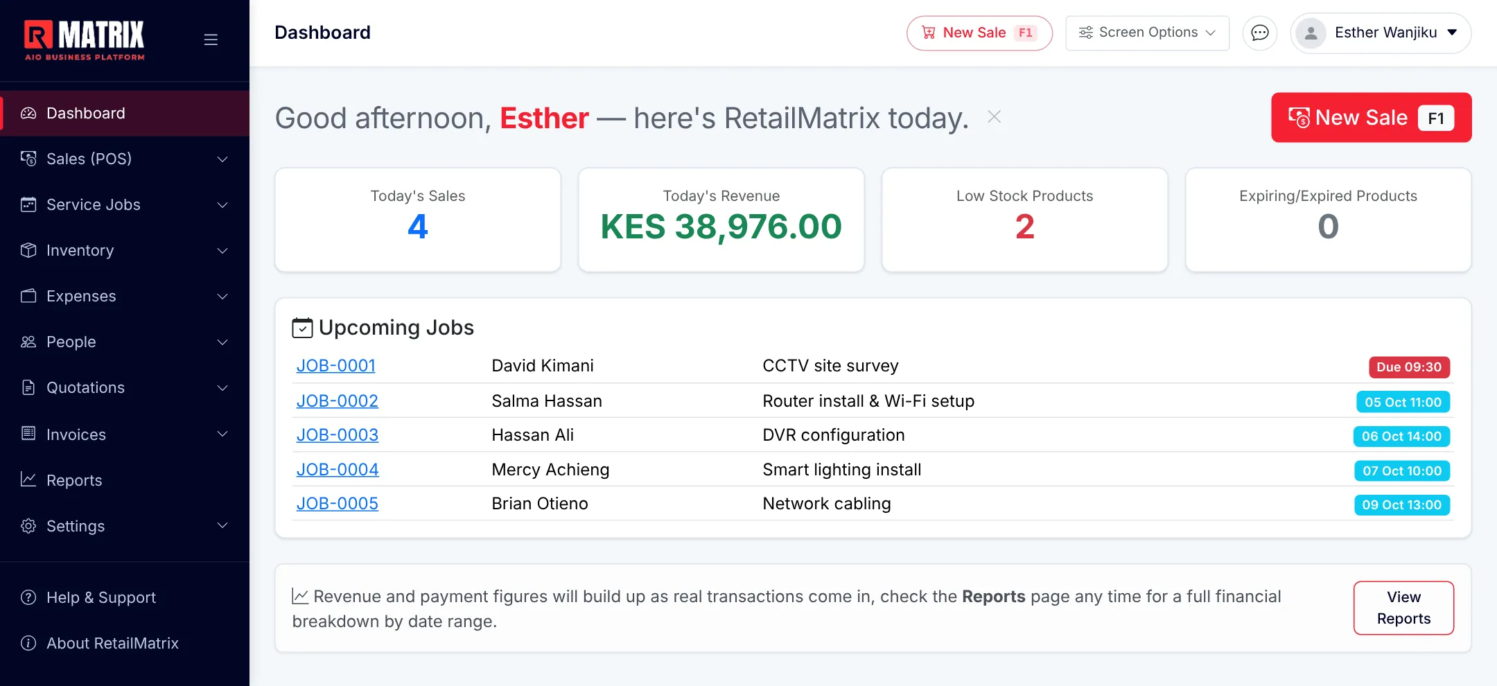 RetailMatrix dashboard with today sales, stock alerts and shortcuts