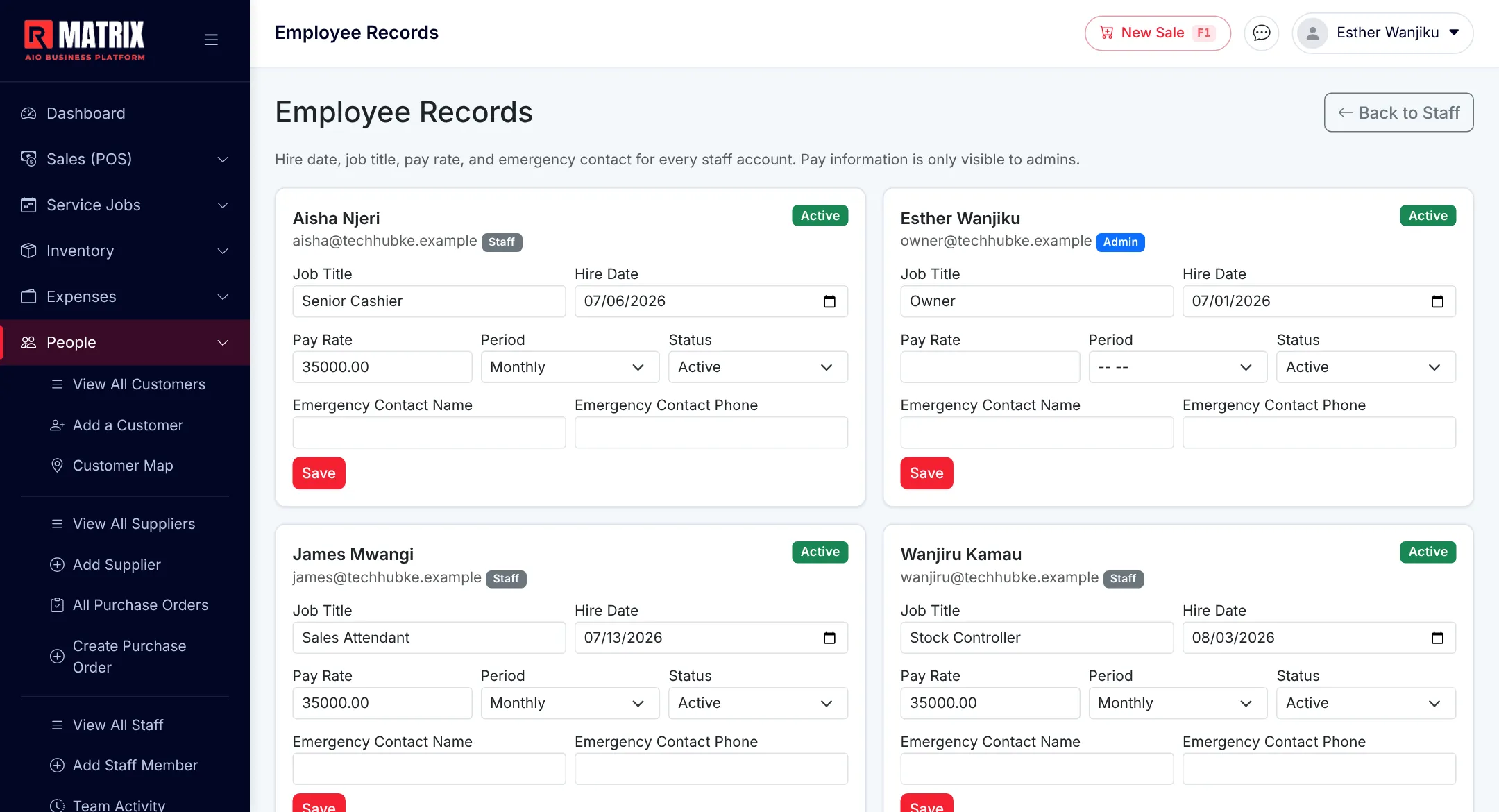 RetailMatrix employee records screen