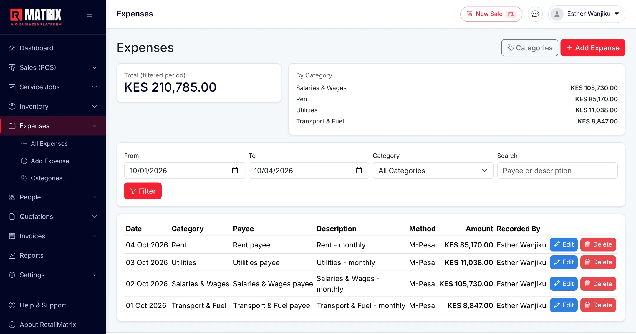 RetailMatrix expenses list with categories and totals