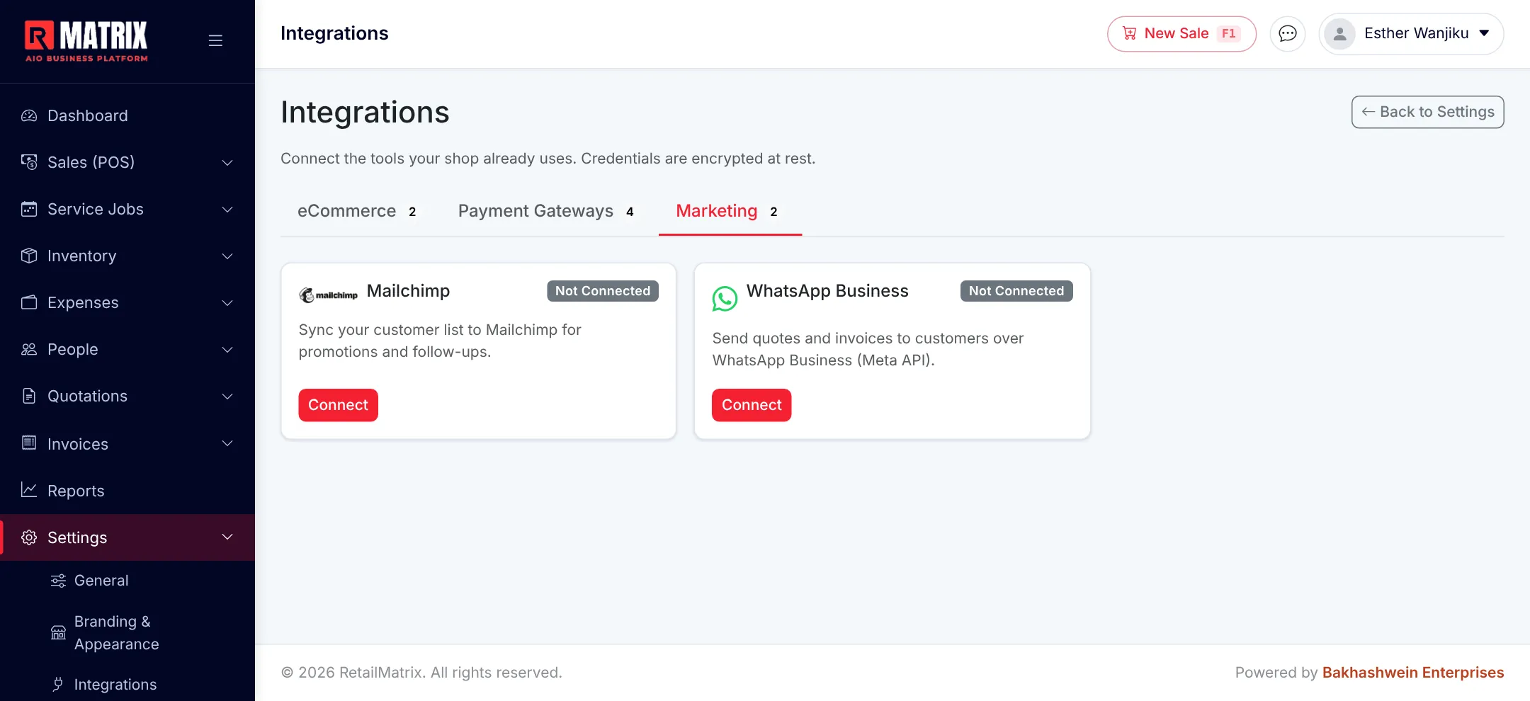 RetailMatrix Settings Integrations, Marketing tab, showing Mailchimp and WhatsApp Business