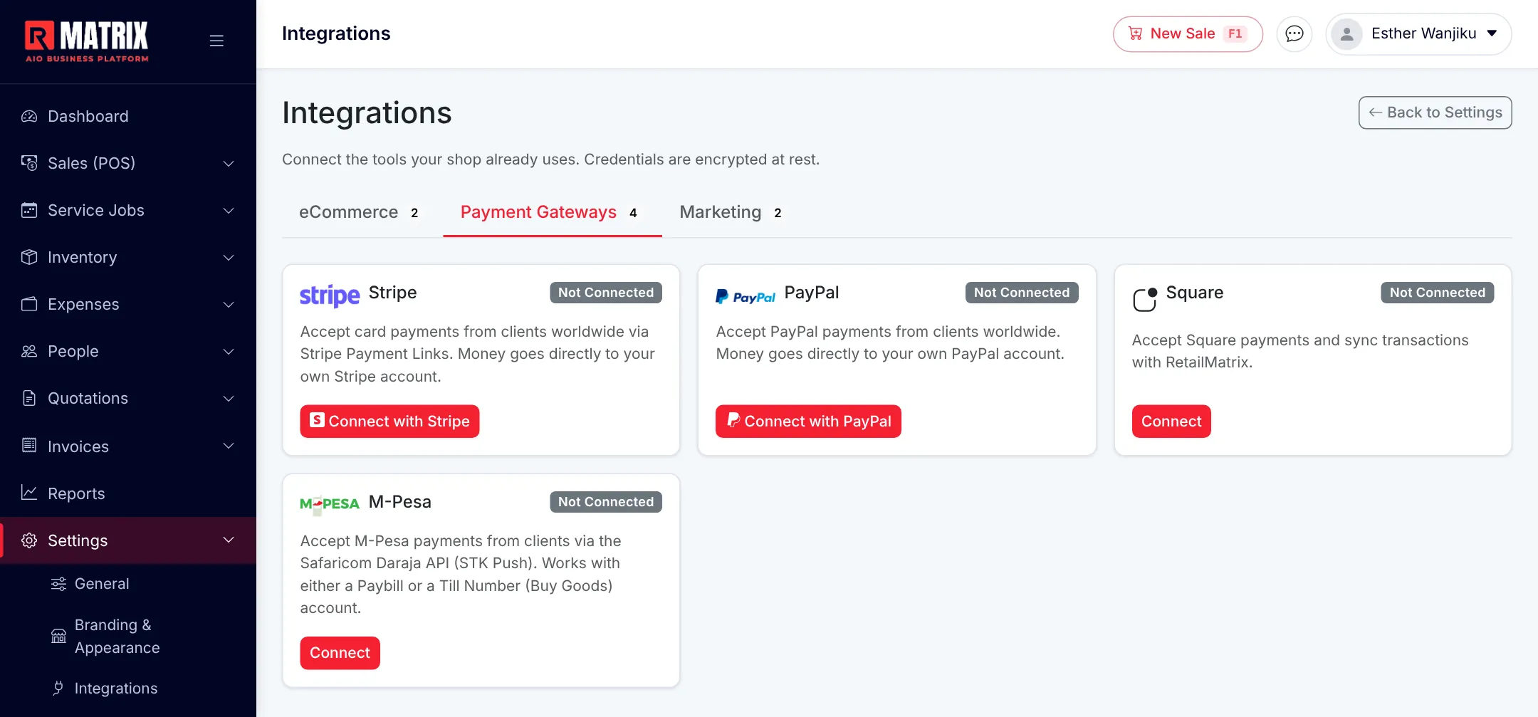 RetailMatrix Settings Integrations, Payment Gateways tab, showing Stripe, PayPal, Square and M-Pesa