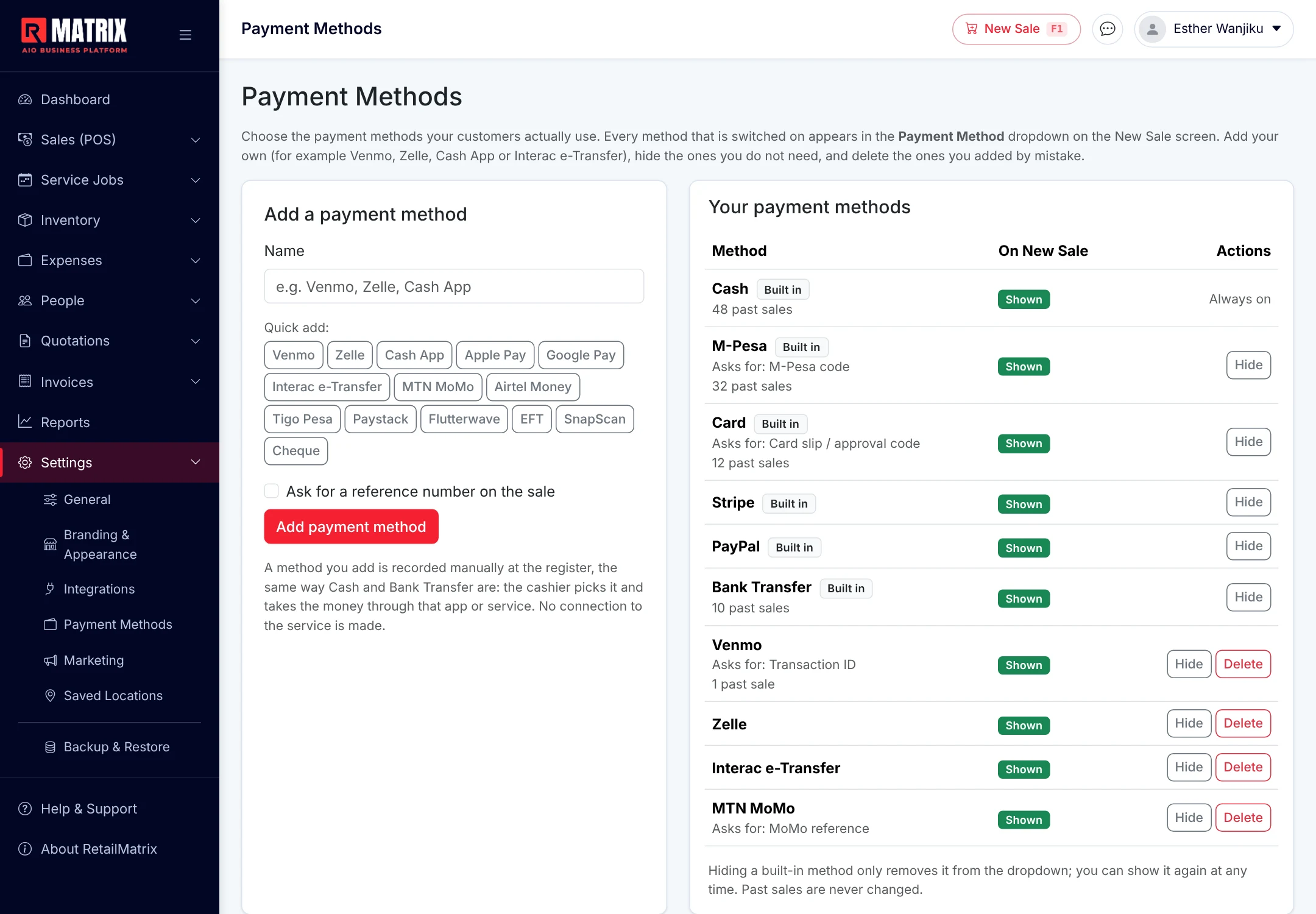 RetailMatrix Payment Methods settings where a business adds its own methods such as Venmo, Zelle, Interac e-Transfer or MTN MoMo and hides or deletes others