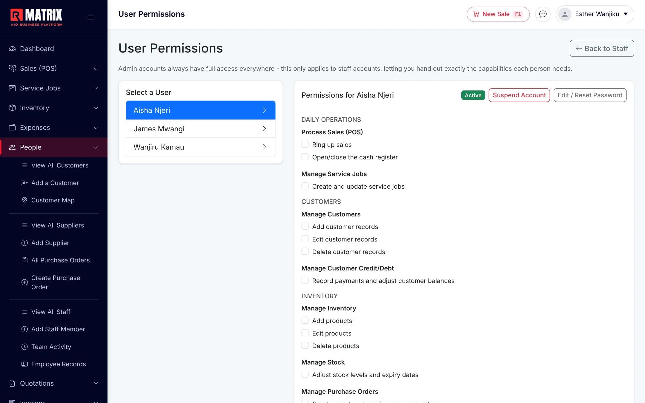 RetailMatrix per-staff permissions screen with switches for what each person can see and do