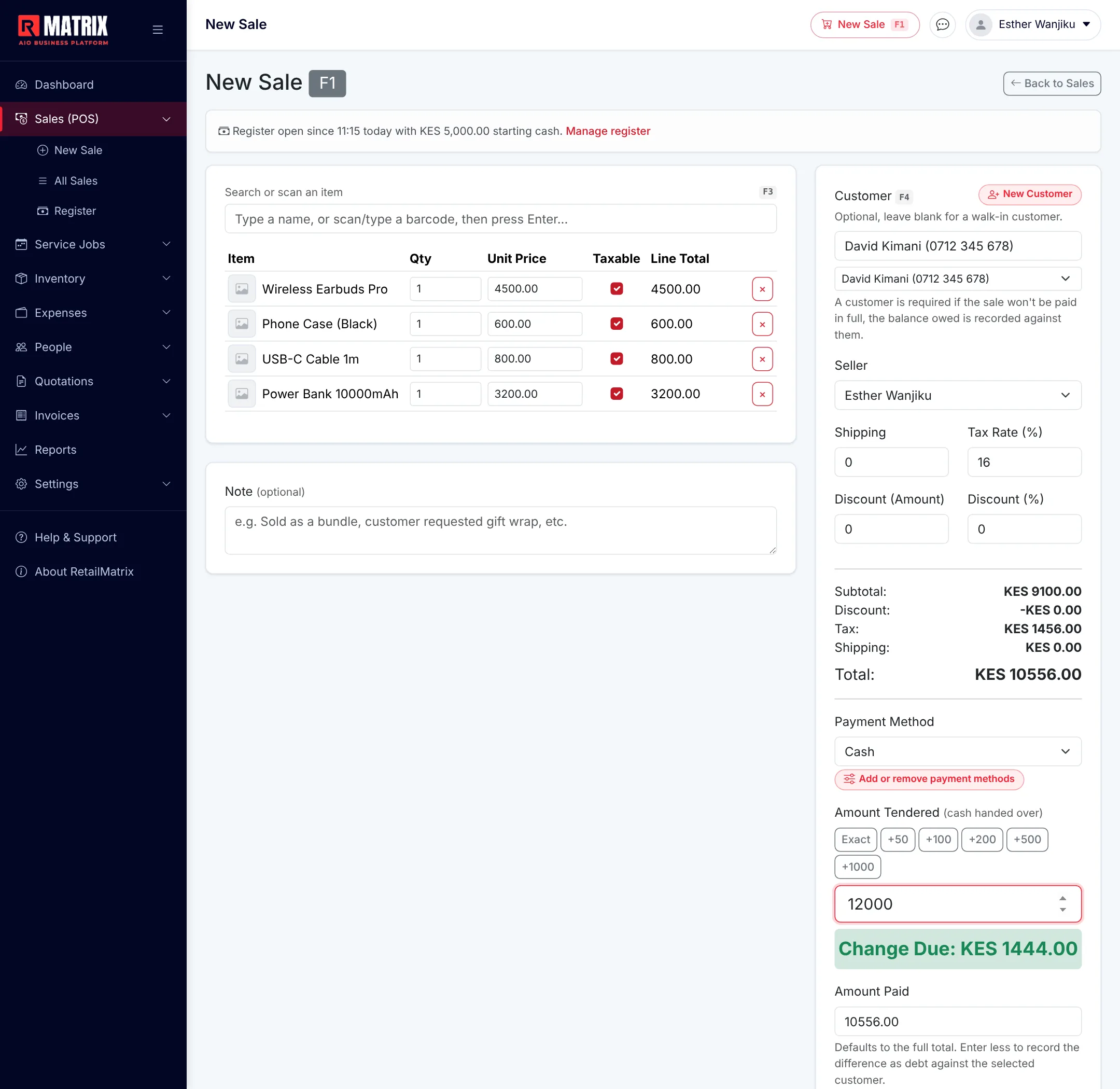 RetailMatrix New Sale screen mid-sale: item search, four items in the cart, a New Customer button, customer picker, tax and discount fields and the totals panel