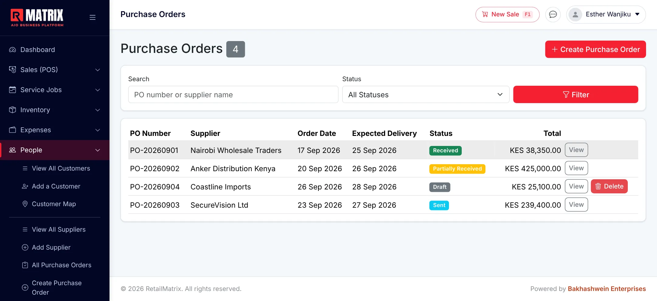 RetailMatrix supplier purchase orders list with partial receipts