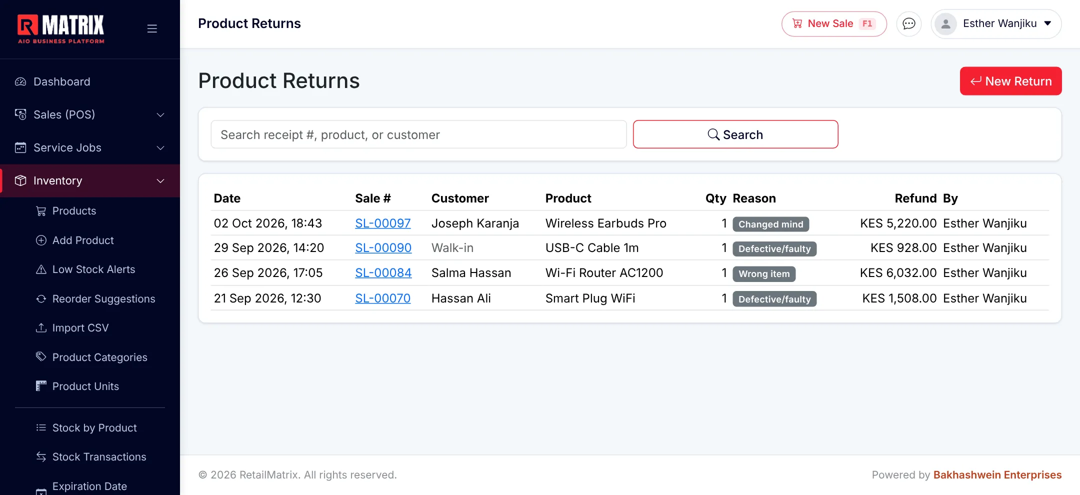 RetailMatrix product returns list with refund amounts and reasons