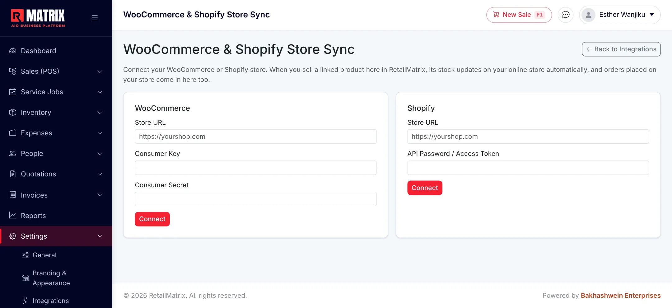 RetailMatrix WooCommerce and Shopify Store Sync settings with connection fields for each platform